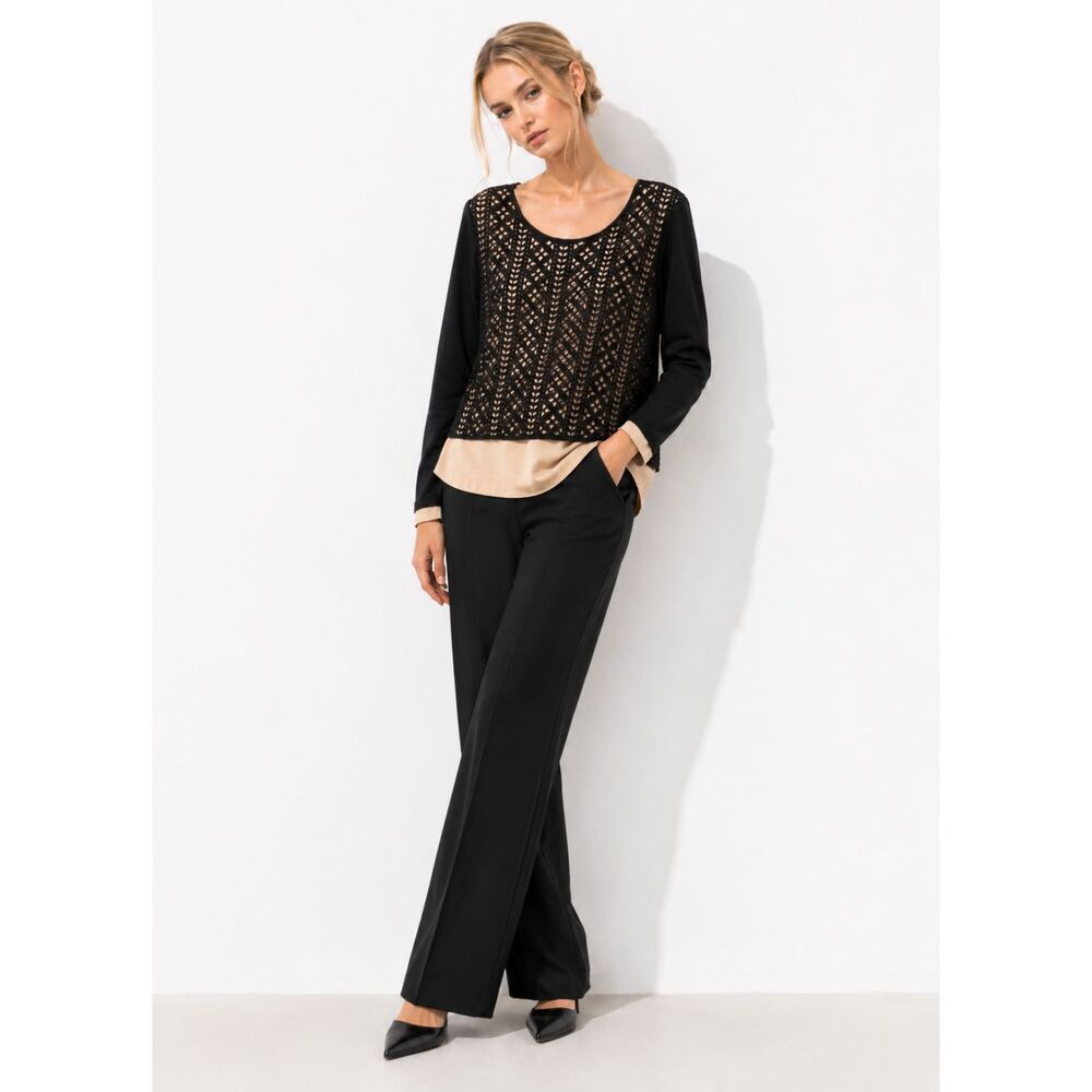 Cover Stitch Black Beige Lace Overlay Blouse Boho Chic Long Sleeve Top M